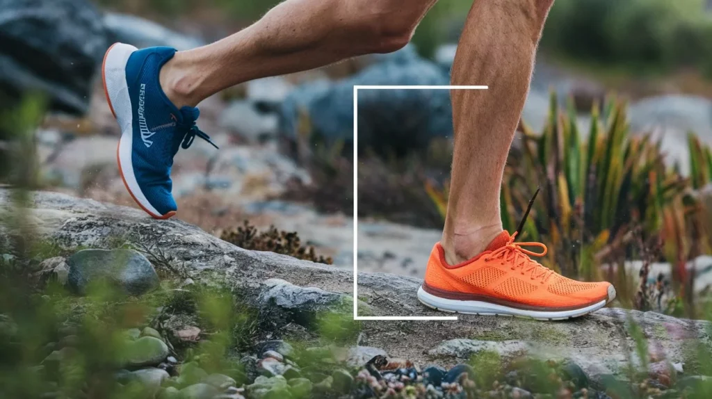 Corredor mostrando la diferencia entre pisada con zapatillas minimalistas para correr y convencionales, resaltando el aterrizaje del antepié y la postura natural