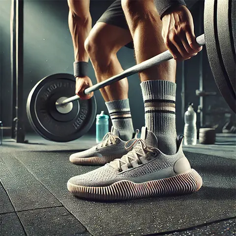 Deportista levantando pesas con zapatillas minimalistas en un gimnasio